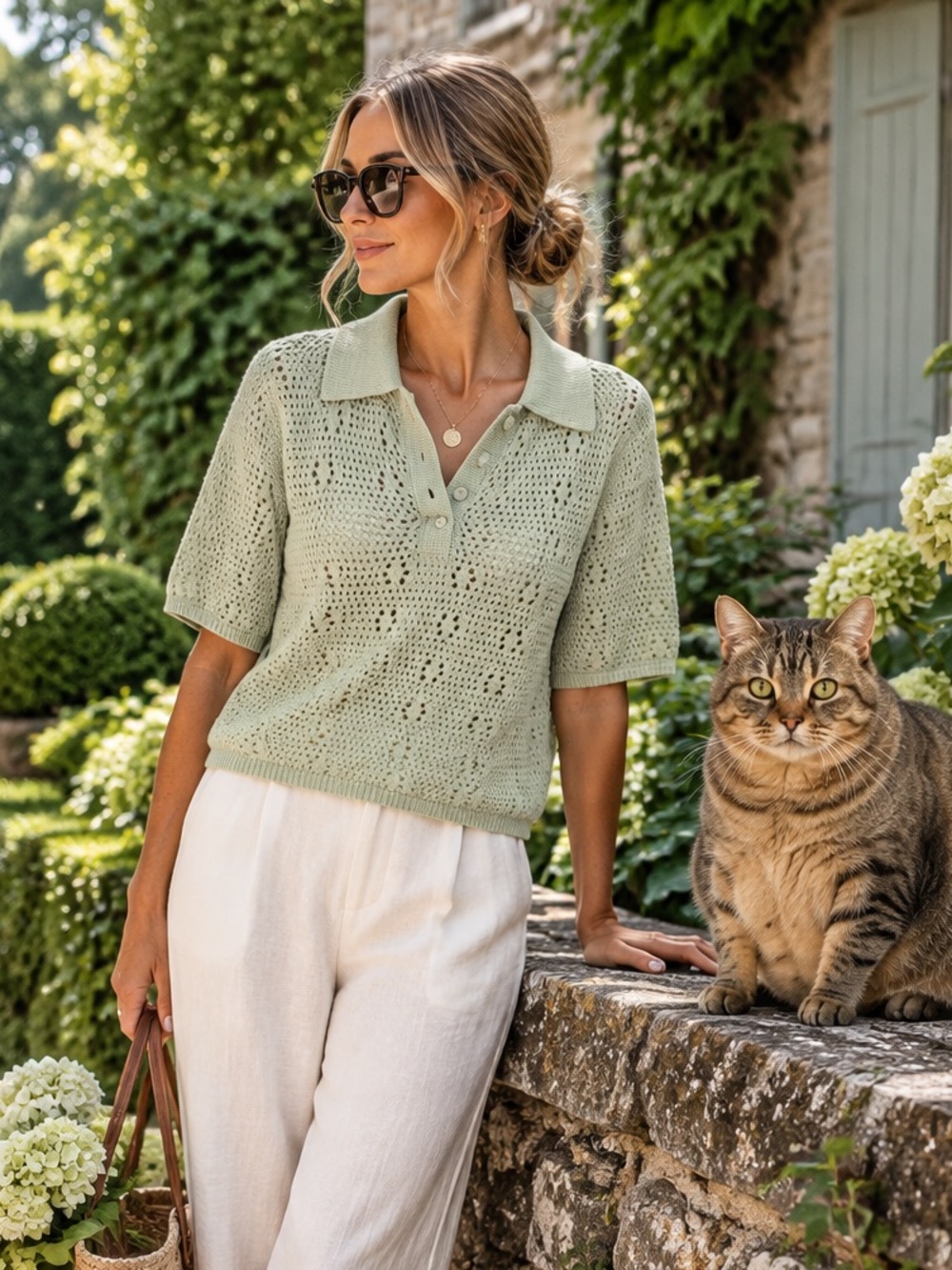 T TAHARI Sage Green Open Crochet Old Money Short Sleeve Sweater, XL (Runs Small)